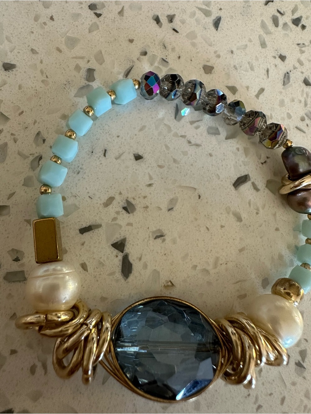 Handmade Gold & Blue Glass Bead Statement Bracelet with Aqua Accents and pearls - Picture 3 of 6